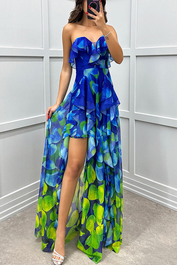 Georgia - Strapless Maxi Dress with Gradient, Print, Ruffles, and Slit