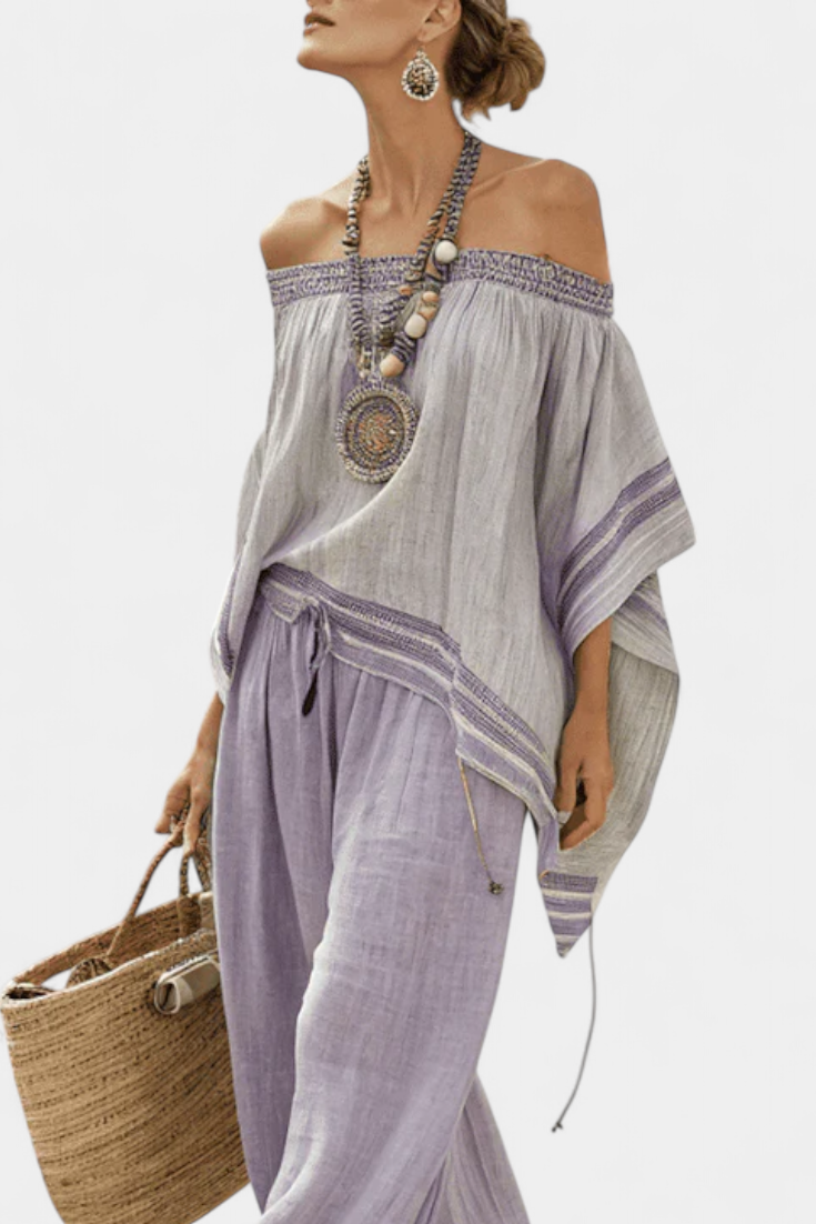 Coordinating set with bamboo linen straps featuring a tank top and wide pants for an elegant and fresh style