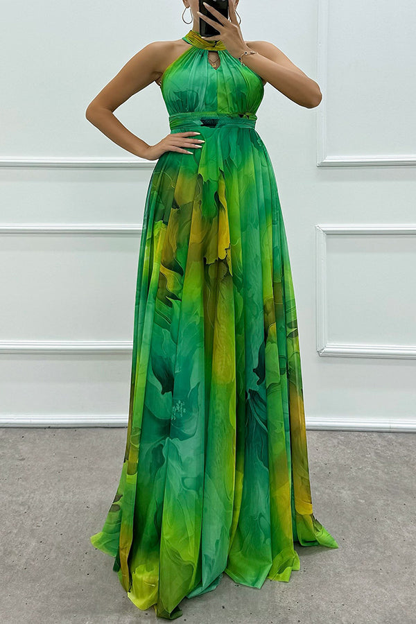 Elaine - Maxi dress made of floral tulle fabric with cutouts and a neck tie