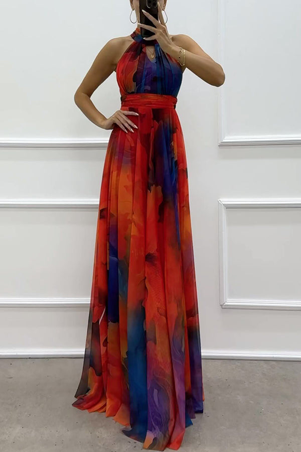 Elaine - Maxi dress made of floral tulle fabric with cutouts and a neck tie