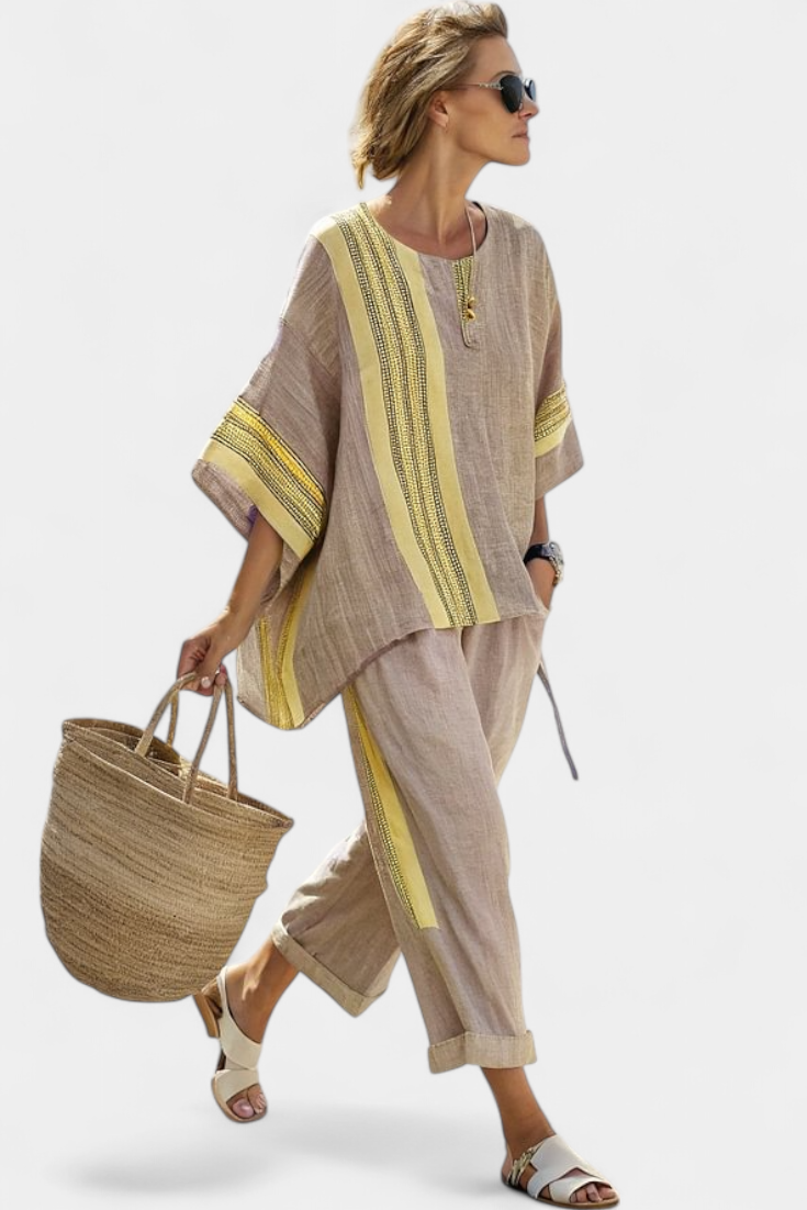 Linen Set Made of Bamboo in Enchanting Lavender Color with Yellow Stripes