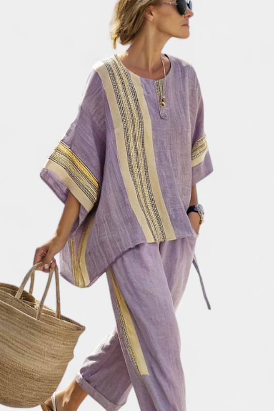 Linen Set Made of Bamboo in Enchanting Lavender Color with Yellow Stripes