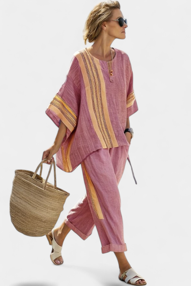 Linen Set Made of Bamboo in Enchanting Lavender Color with Yellow Stripes