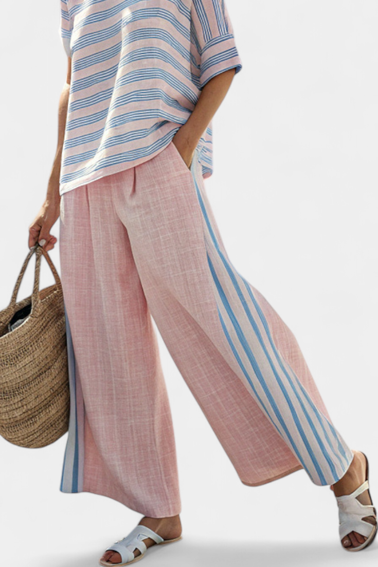 Daisy Linen Set in Delicate Pastel Pink with Elegant Blue Stripes