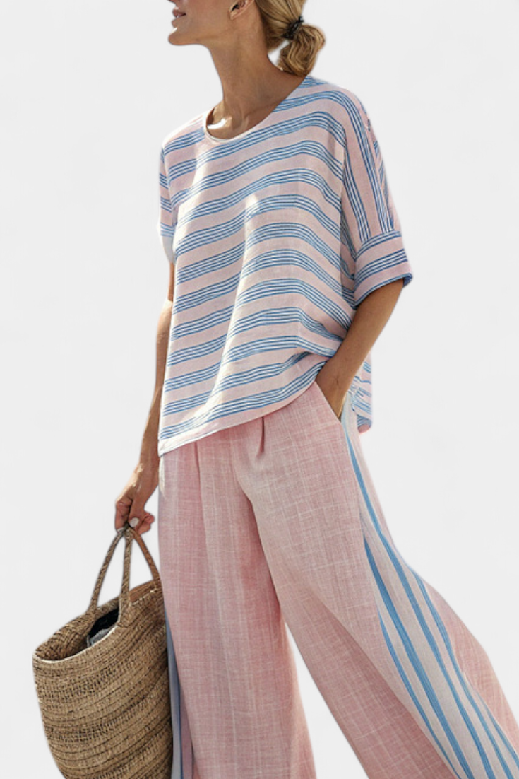 Daisy Linen Set in Delicate Pastel Pink with Elegant Blue Stripes