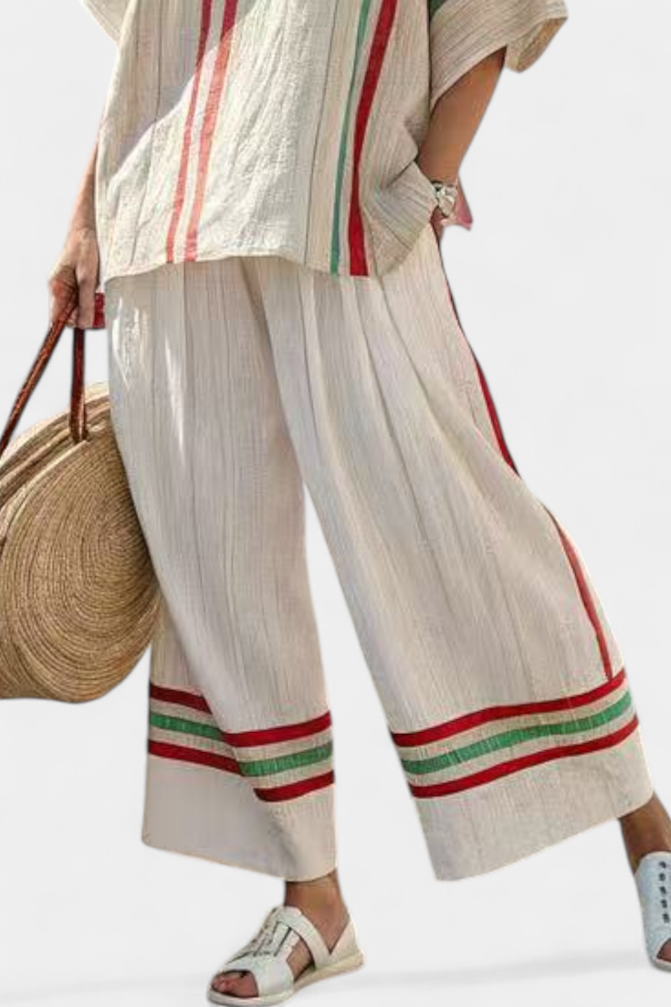 Complete Mediterranean Daisy in bamboo linen with elegant red-green stripes
