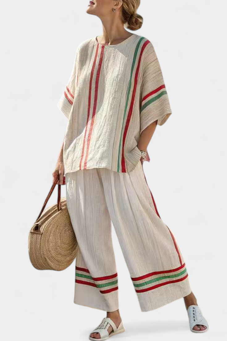 Complete Mediterranean Daisy in bamboo linen with elegant red-green stripes