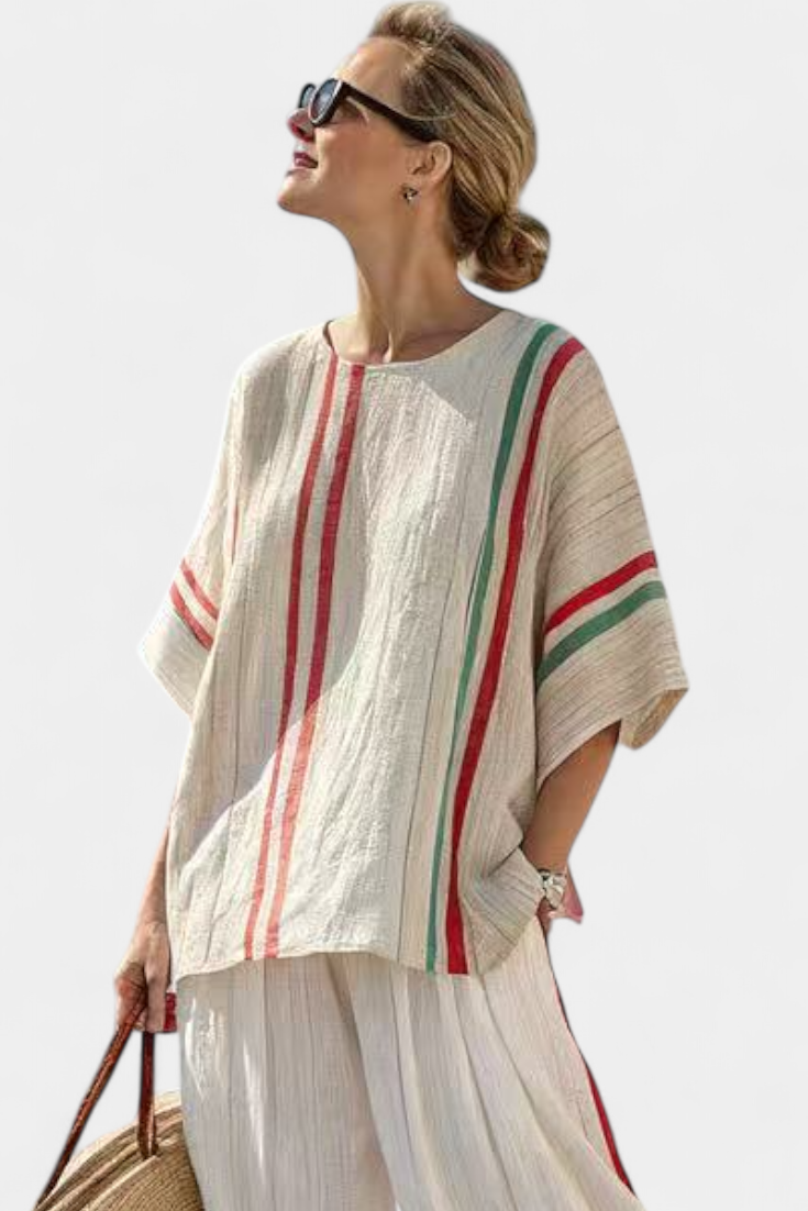 Complete Mediterranean Daisy in bamboo linen with elegant red-green stripes