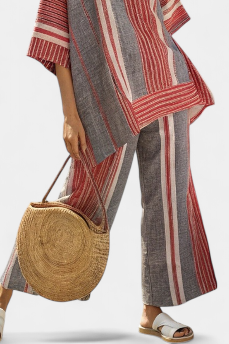 Complete Oversized Daisy Linen with Coral and Gray Stripes, Modern and Comfortable Style