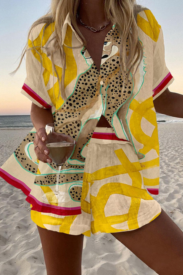 Casima™ | Short Linen Set with Leopard Print