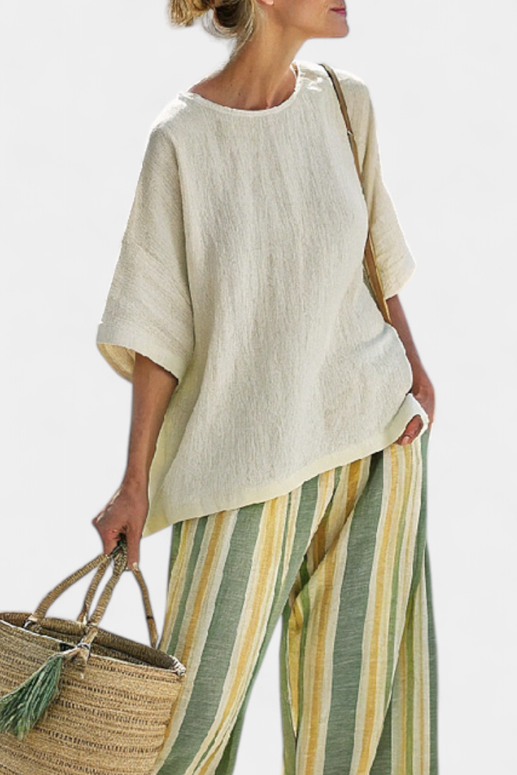Daisy Set in Bamboo Linen with Mediterranean Style and Green Stripes for a Fresh and Sophisticated Look