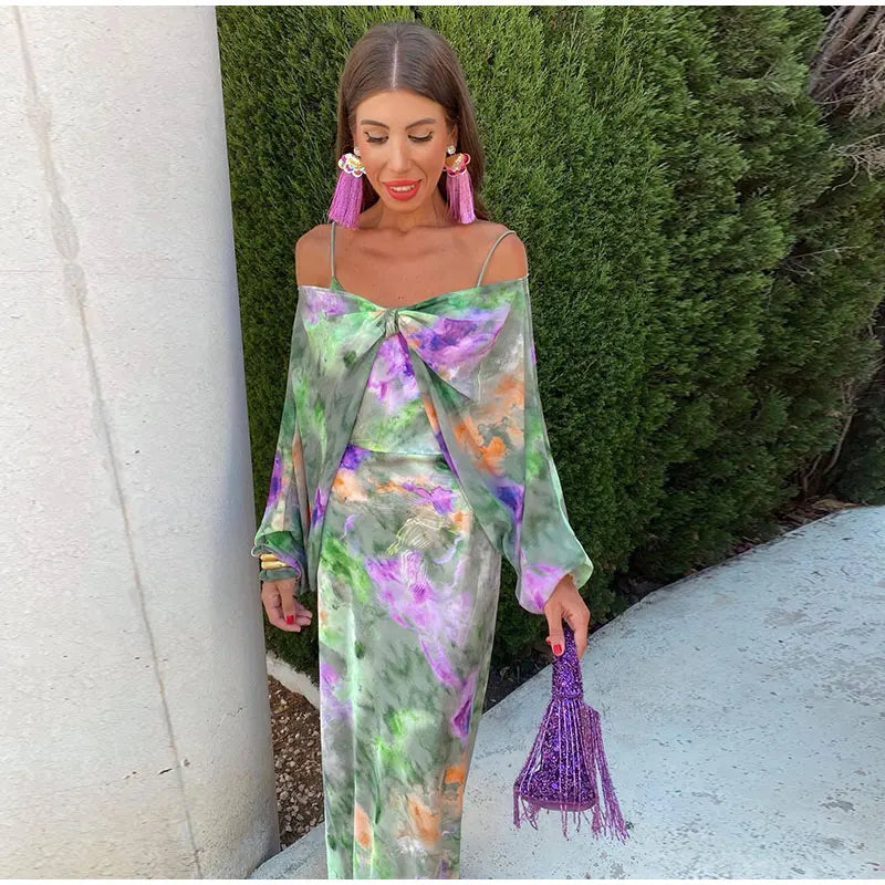 Anisten™ | Stylish Maxi Dress with Halo-Dye Pattern and Detachable Scarf