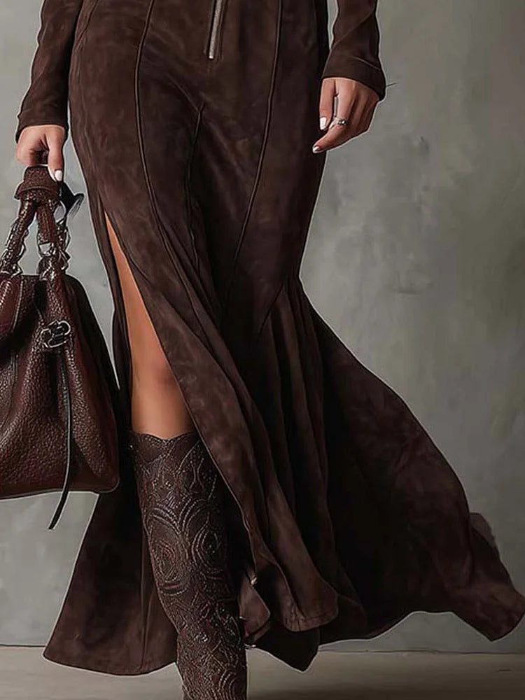 Laurine | Belted Zip-Front Suede Maxi Dress