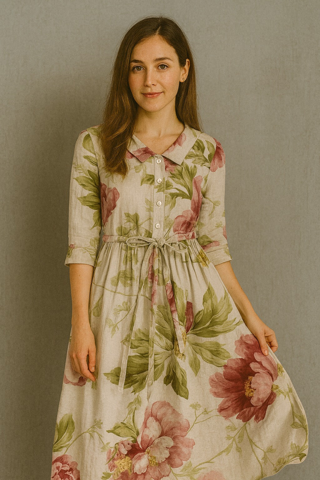 Baylee - Floral Pattern Dress with Vintage Lacing at the Waist