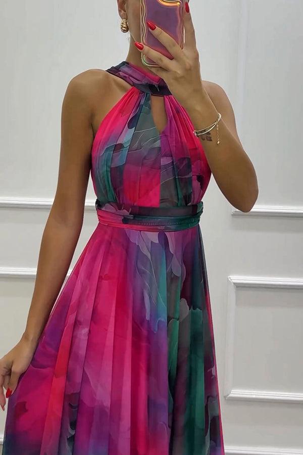 Elaine - Maxi dress made of floral tulle fabric with cutouts and a neck tie