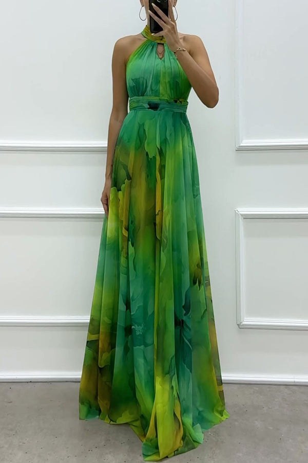Elaine - Maxi dress made of floral tulle fabric with cutouts and a neck tie