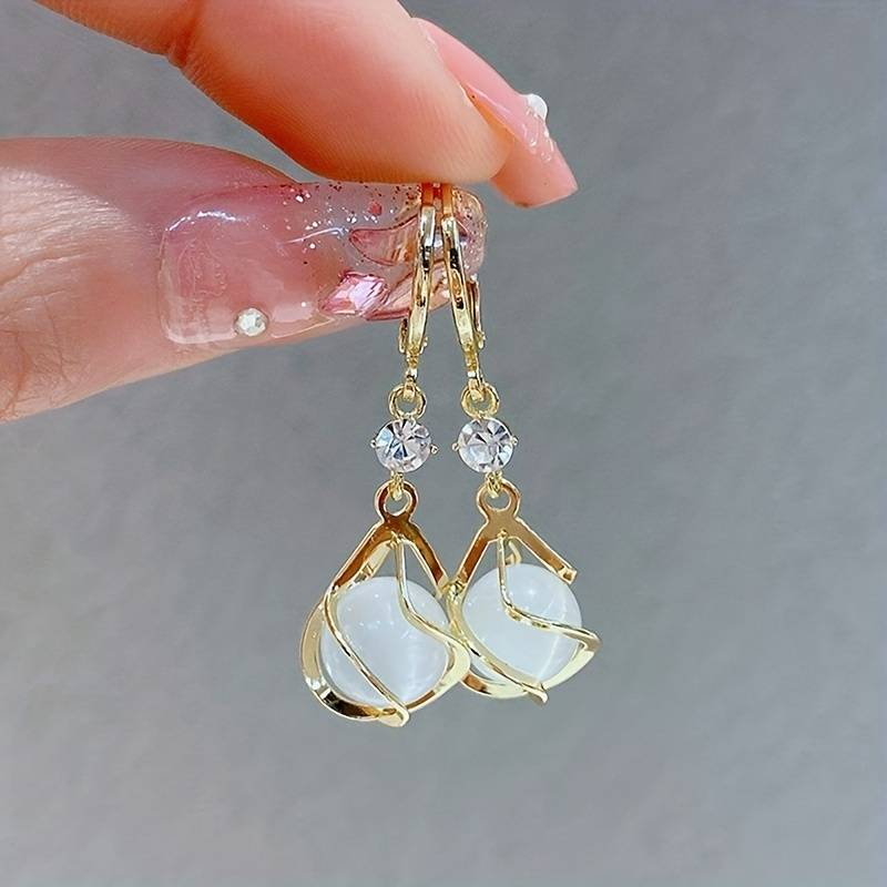 Vintage Gold Hanging Earrings with White Opal