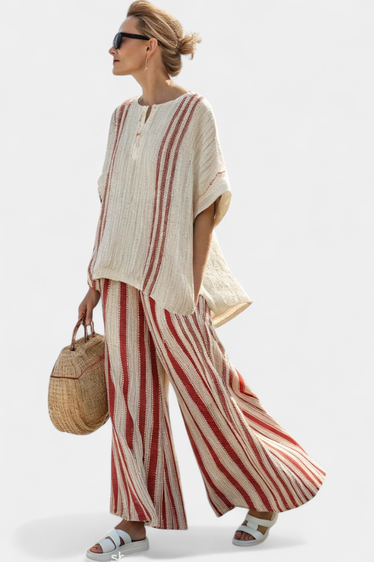 Complete Elegant Two-Piece Daisy Outfit with Red Stripes in Natural Texture