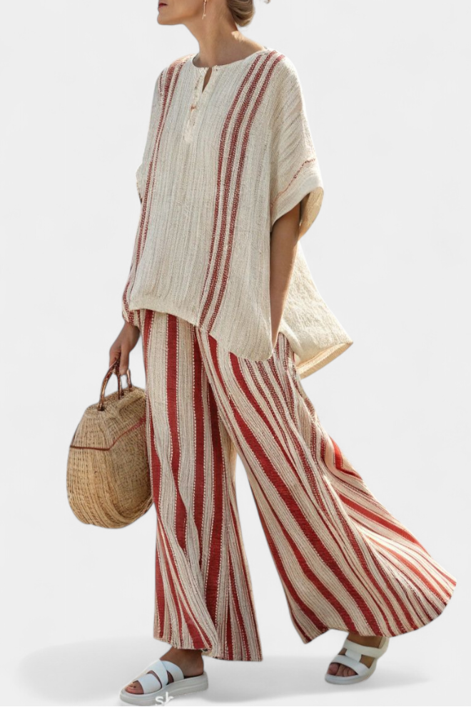 Complete Elegant Two-Piece Daisy Outfit with Red Stripes in Natural Texture