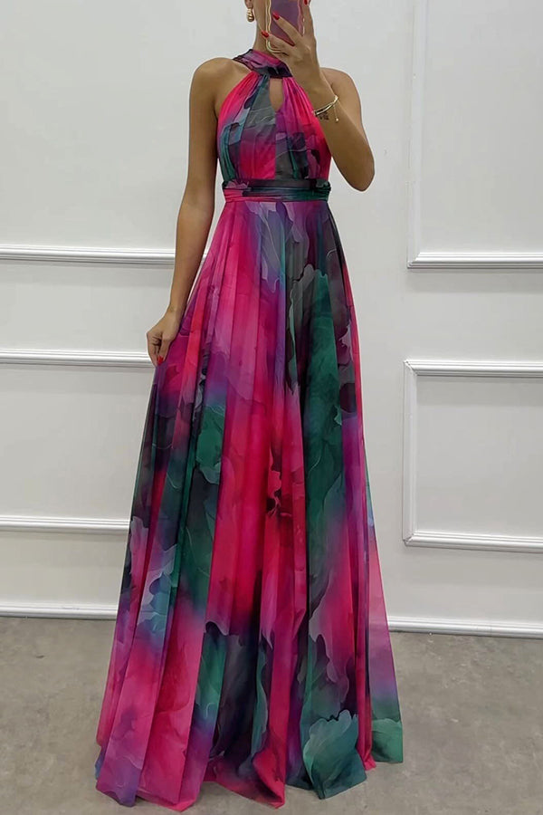 Elaine - Maxi dress made of floral tulle fabric with cutouts and a neck tie
