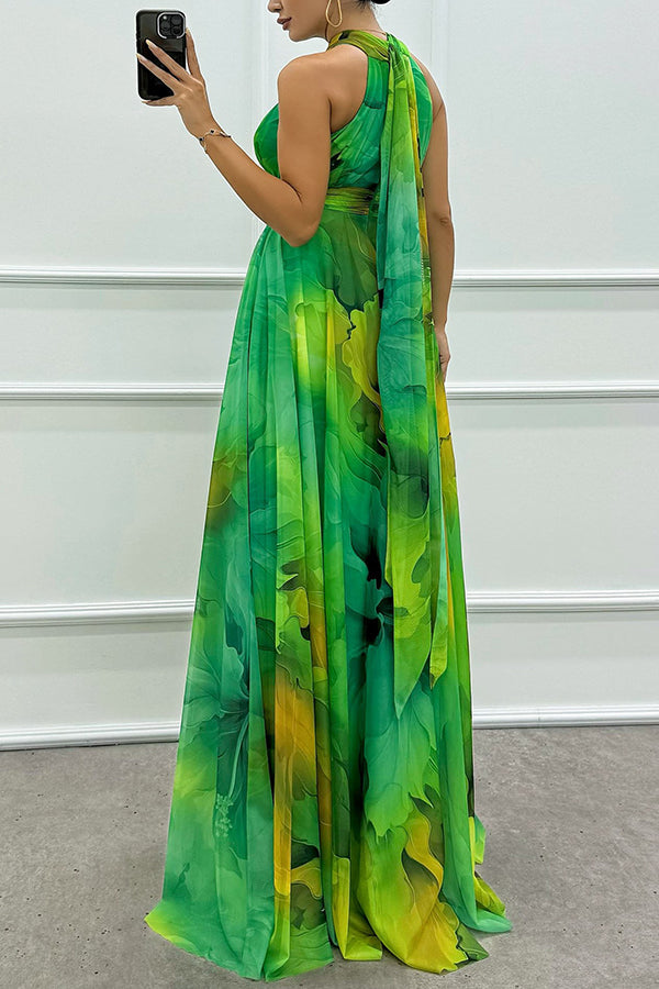 Elaine - Maxi dress made of floral tulle fabric with cutouts and a neck tie
