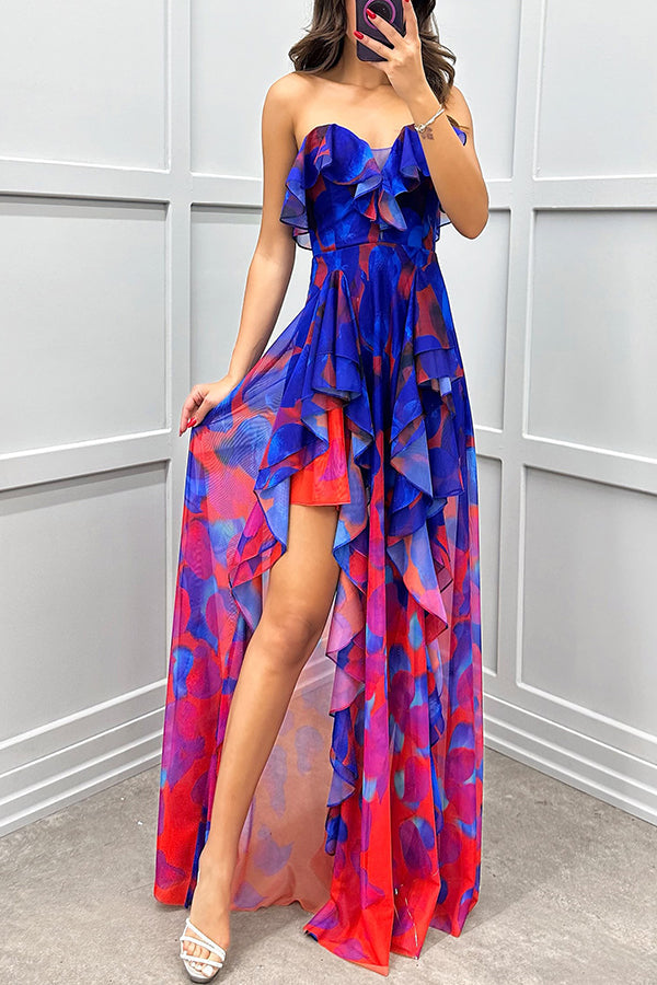 Georgia - Strapless Maxi Dress with Gradient, Print, Ruffles, and Slit
