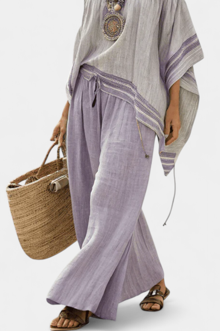 Coordinating set with bamboo linen straps featuring a tank top and wide pants for an elegant and fresh style