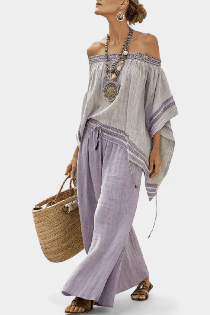 Coordinating set with bamboo linen straps featuring a tank top and wide pants for an elegant and fresh style