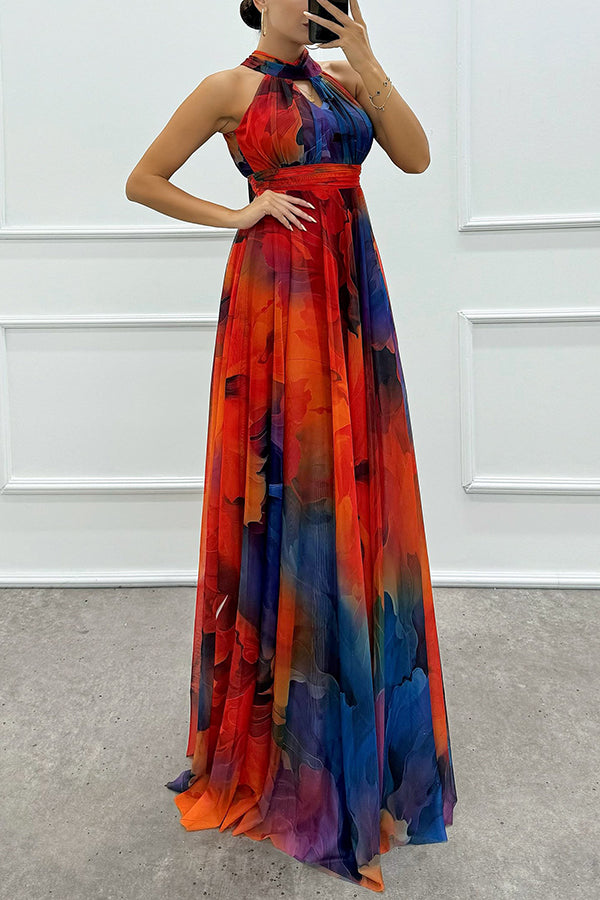 Elaine - Maxi dress made of floral tulle fabric with cutouts and a neck tie