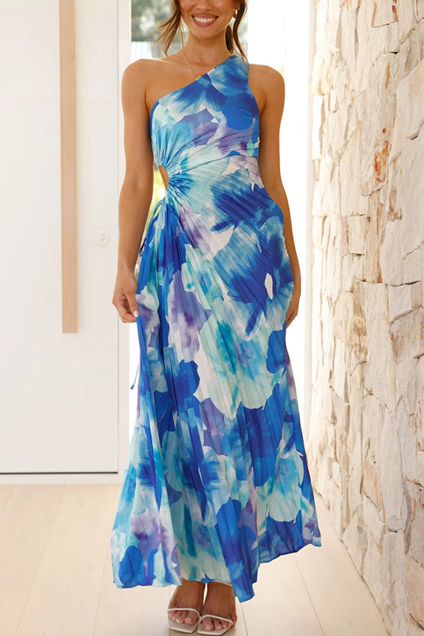 Deja - Maxi Dress with Floral Pattern on One Shoulder with Pleats