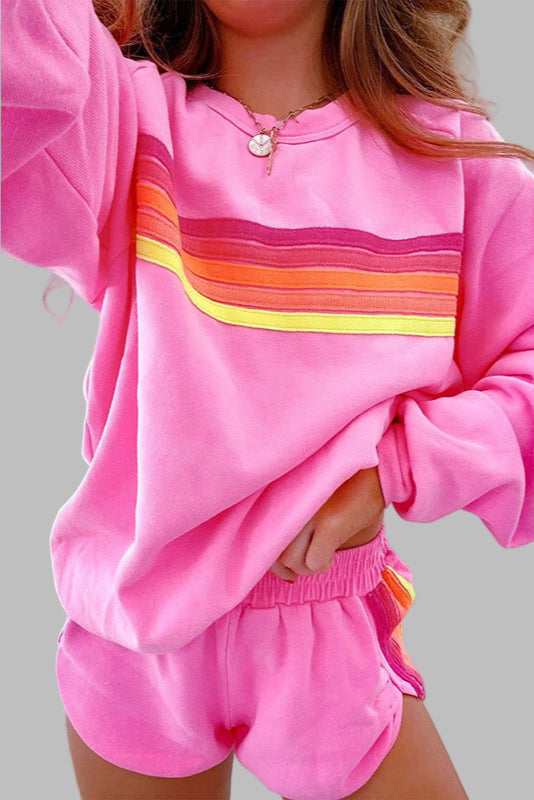 Jovie™ - Comfortable Tracksuit Set with Stripes, Round Neck, and Shorts