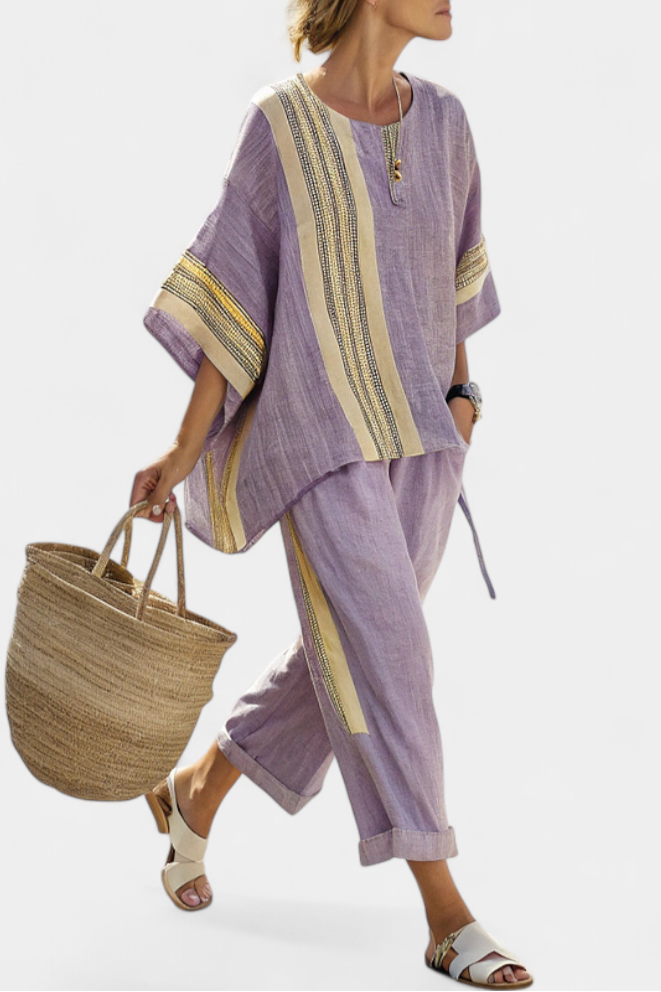 Linen Set Made of Bamboo in Enchanting Lavender Color with Yellow Stripes