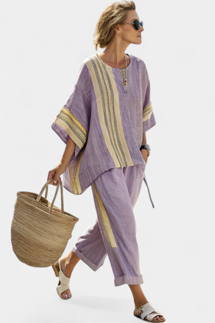 Linen Set Made of Bamboo in Enchanting Lavender Color with Yellow Stripes