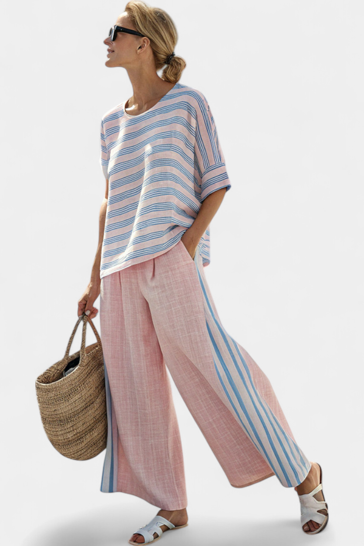 Daisy Linen Set in Delicate Pastel Pink with Elegant Blue Stripes