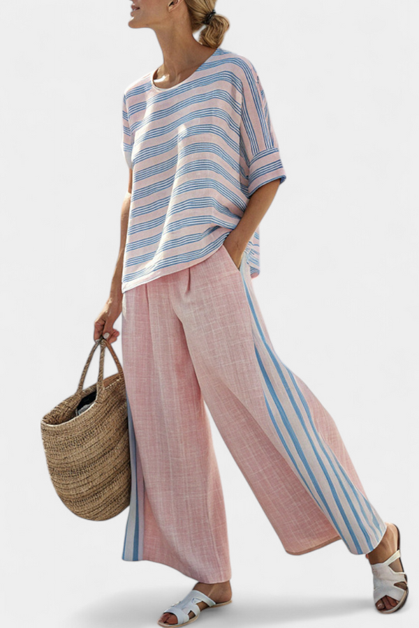 Daisy Linen Set in Delicate Pastel Pink with Elegant Blue Stripes