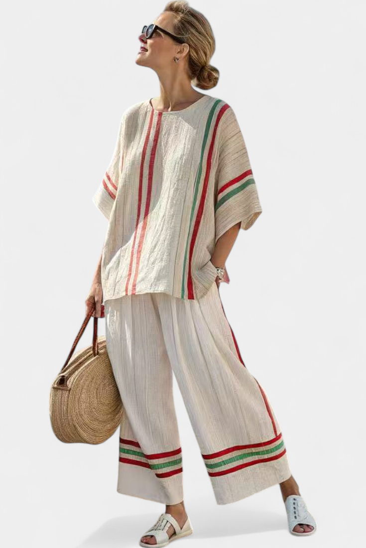 Complete Mediterranean Daisy in bamboo linen with elegant red-green stripes