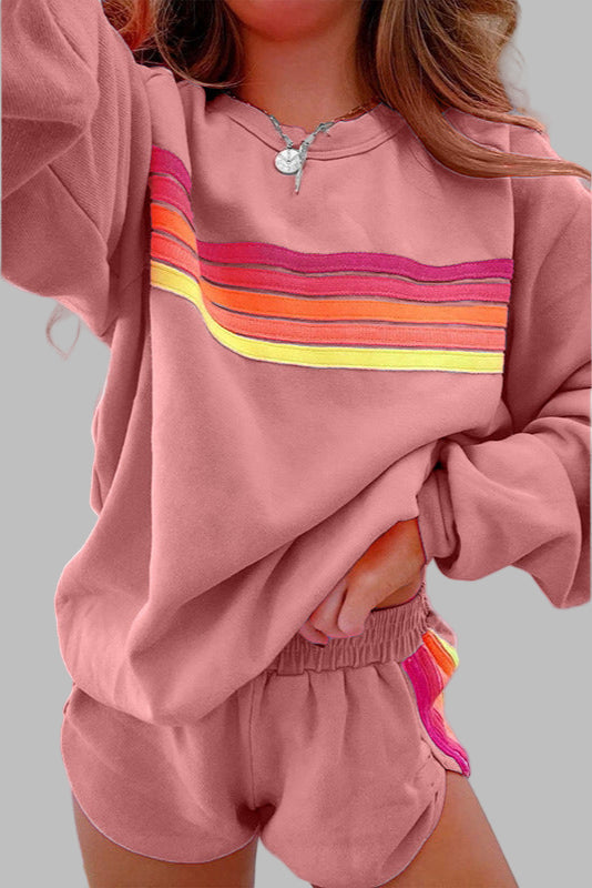 Jovie™ - Comfortable Tracksuit Set with Stripes, Round Neck, and Shorts