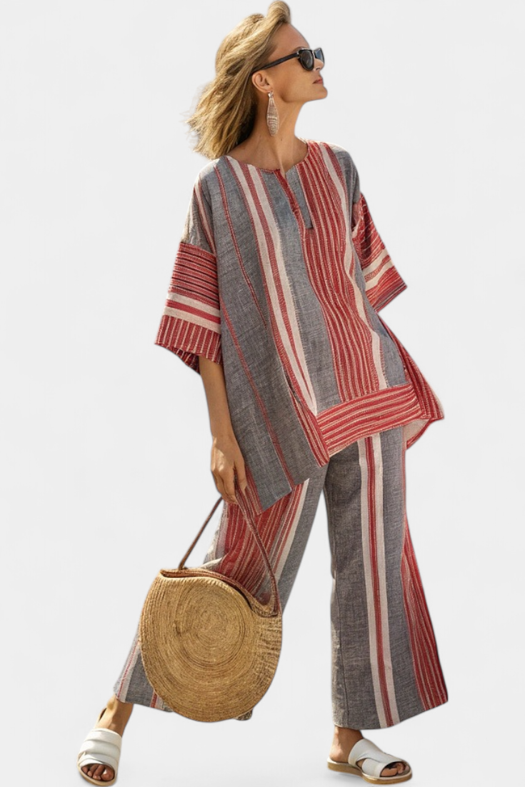 Complete Oversized Daisy Linen with Coral and Gray Stripes, Modern and Comfortable Style
