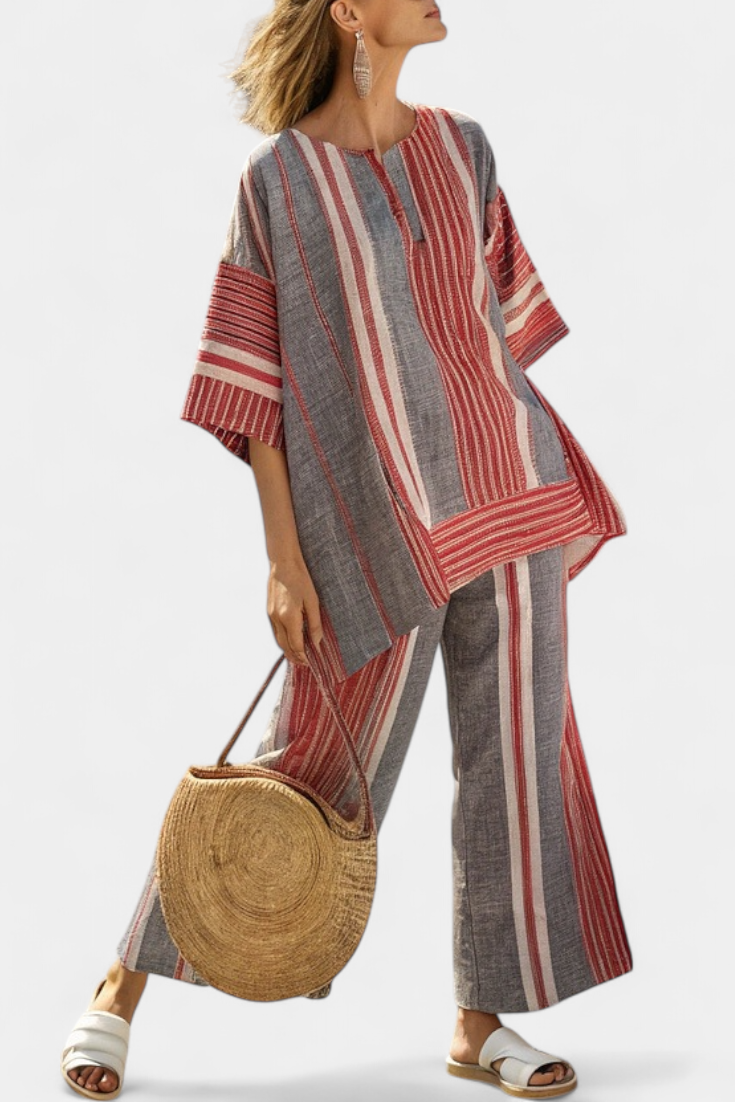 Complete Oversized Daisy Linen with Coral and Gray Stripes, Modern and Comfortable Style