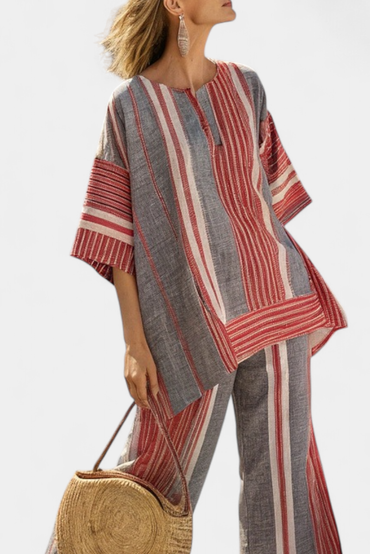 Complete Oversized Daisy Linen with Coral and Gray Stripes, Modern and Comfortable Style