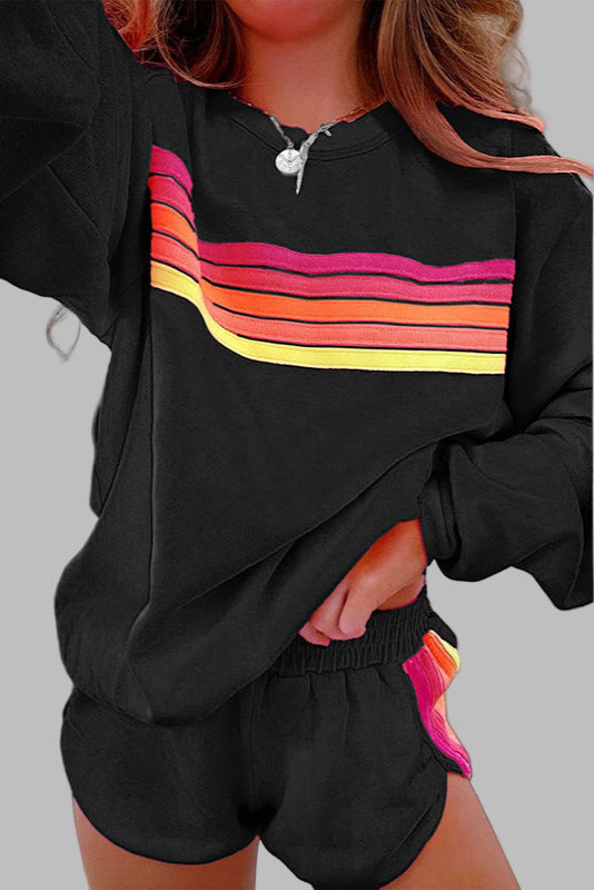 Jovie™ - Comfortable Tracksuit Set with Stripes, Round Neck, and Shorts