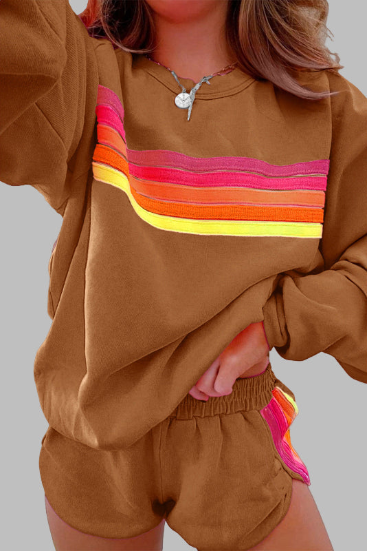 Jovie™ - Comfortable Tracksuit Set with Stripes, Round Neck, and Shorts