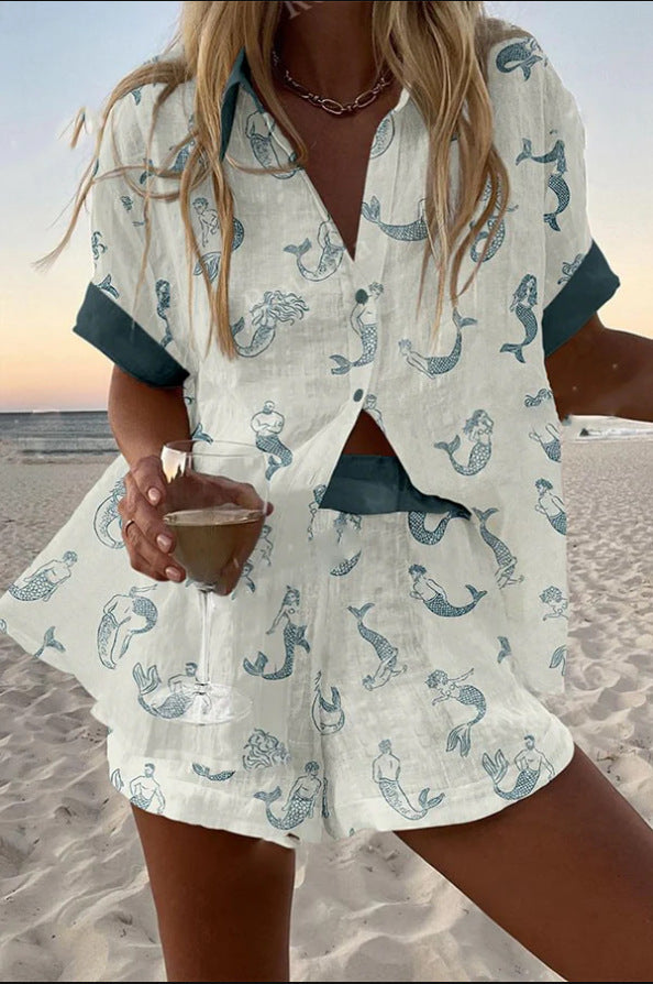 Jalira™ | Short Linen Set with Mermaid Print