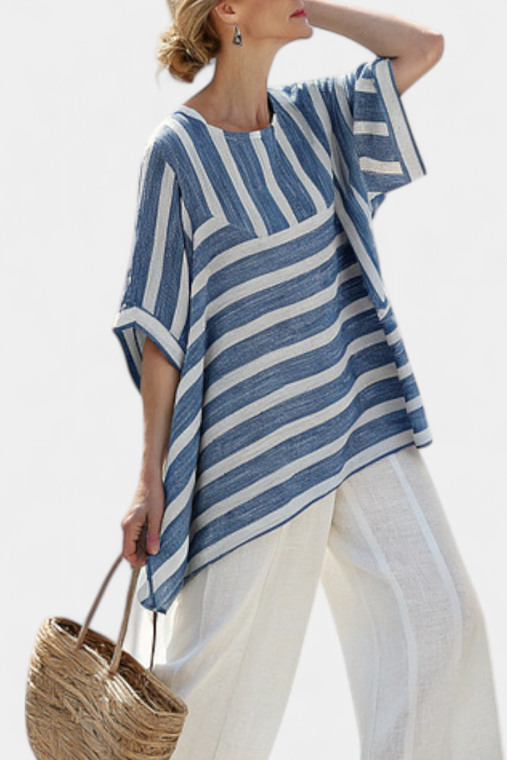 Elegant linen set in Mediterranean style with blue stripes and finished-bottom trousers for a fresh and stylish look