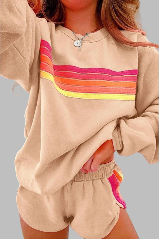 Jovie™ - Comfortable Tracksuit Set with Stripes, Round Neck, and Shorts