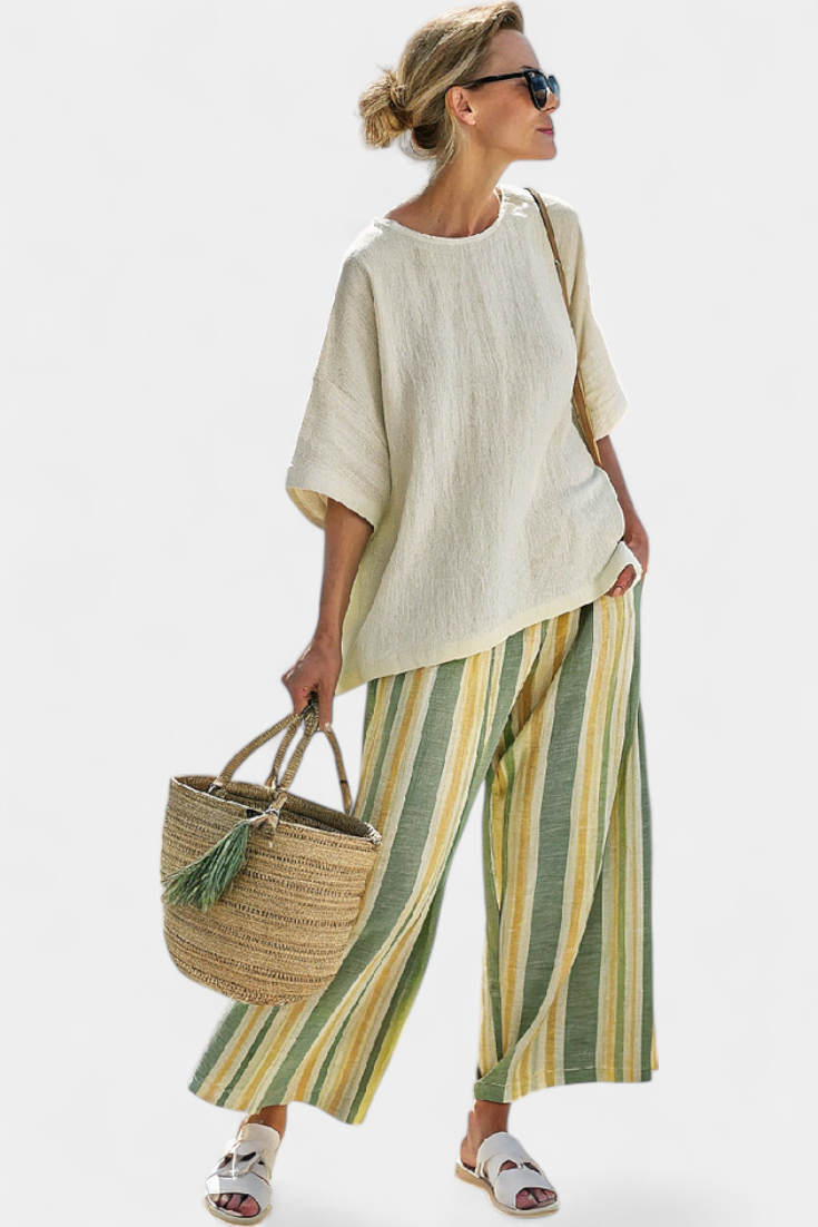 Daisy Set in Bamboo Linen with Mediterranean Style and Green Stripes for a Fresh and Sophisticated Look