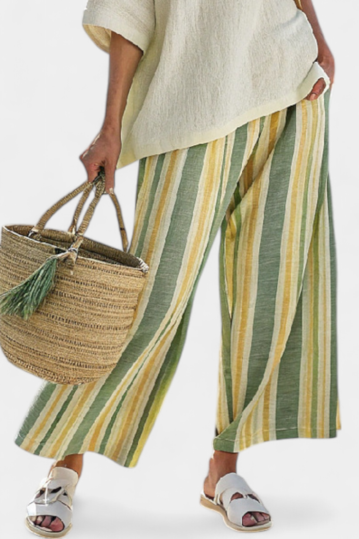 Daisy Set in Bamboo Linen with Mediterranean Style and Green Stripes for a Fresh and Sophisticated Look