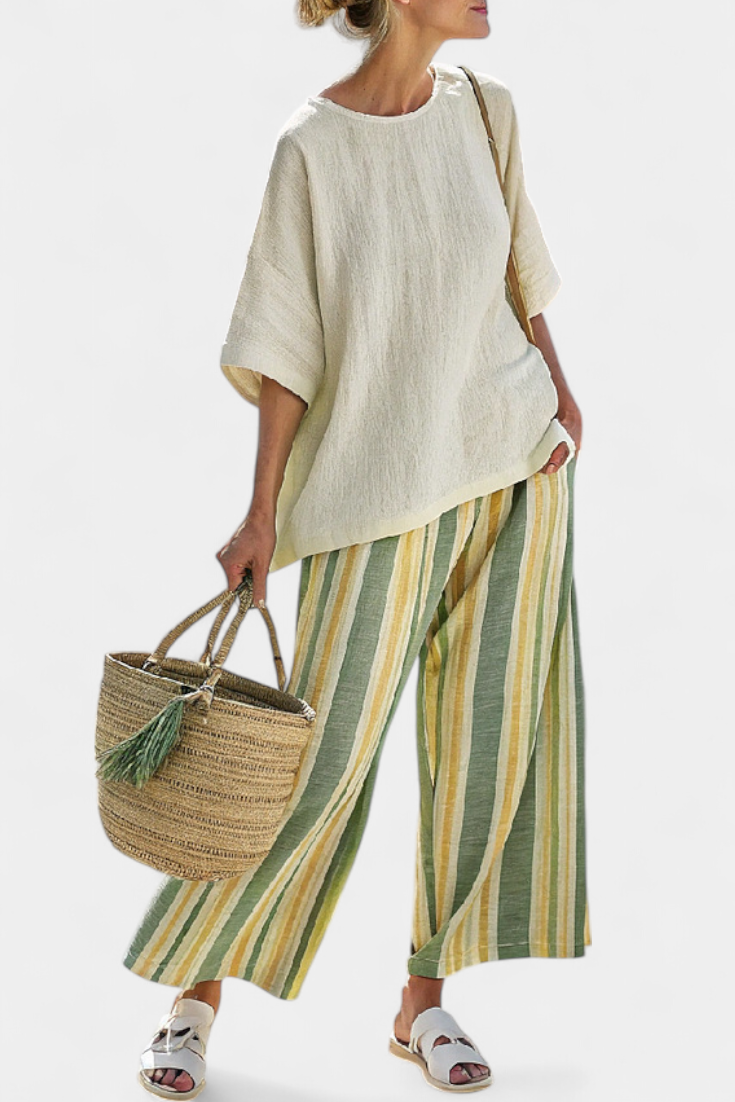 Daisy Set in Bamboo Linen with Mediterranean Style and Green Stripes for a Fresh and Sophisticated Look