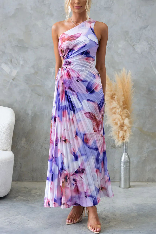 Deja - Maxi Dress with Floral Pattern on One Shoulder with Pleats