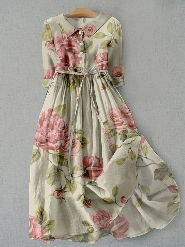 Marley - Floral Pattern Dress with Vintage Waist Lacing